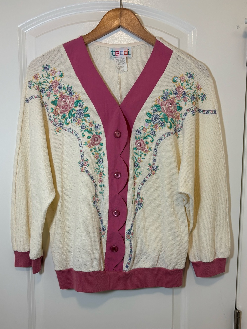 Teddi Cream Crewneck Sweater with Pink Trim